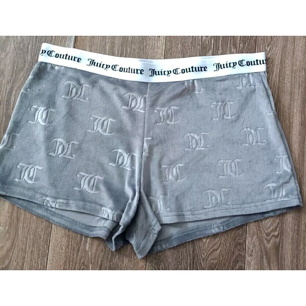 Juicy Couture Velour Shorts Size  Large Gray Stretch All Over Logo Lounge